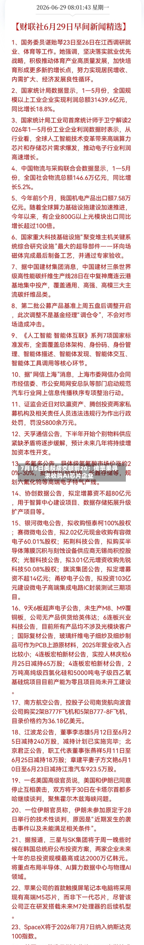 7月16日美股成交额前20:传苹果寻求收购AI芯片企业