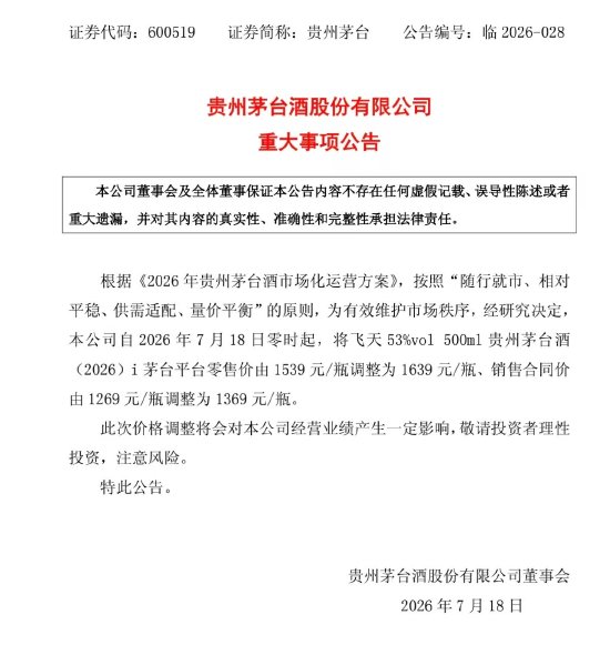半年两次提价！明日起，飞天茅台涨价100元